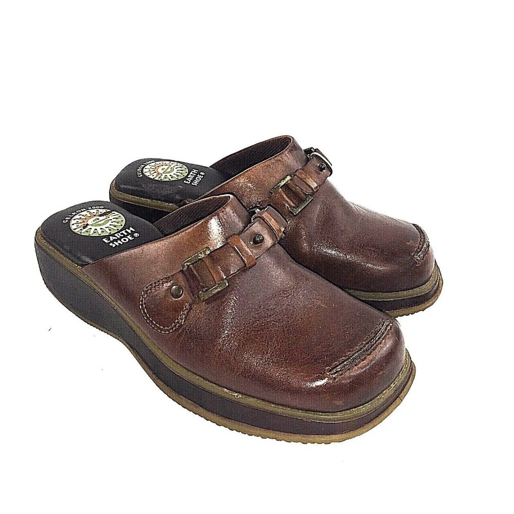Earth Shoe Gelron 2000 Womens Brown Leather Clog Mules Slip On Daphne US 5.5